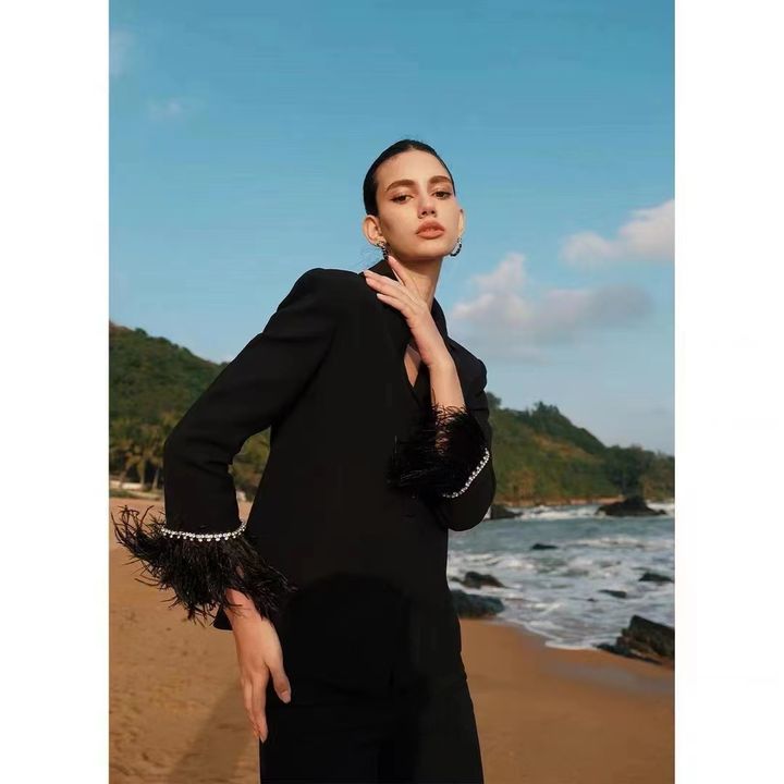 Women’s Black Satin Suit with Feathers by Luxe Lane | from Luxe Lane | SKU:  | Barcode:  | Options: Black S | New Arrivals Hot Selling Women Black Suits Satin Long Pants Suit With Feathers
