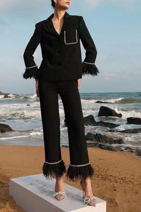 Women’s Black Satin Suit with Feathers by Luxe Lane | from Luxe Lane | SKU:  | Barcode:  | Options: Black S | New Arrivals Hot Selling Women Black Suits Satin Long Pants Suit With Feathers