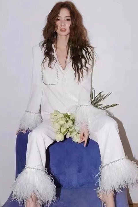 Women’s Black Satin Suit with Feathers by Luxe Lane | from Luxe Lane | SKU:  | Barcode:  | Options: Black S | New Arrivals Hot Selling Women Black Suits Satin Long Pants Suit With Feathers