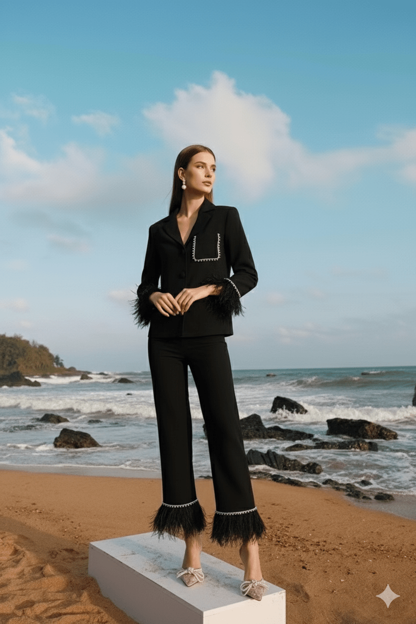 Women’s Black Satin Suit with Feathers by Luxe Lane | from Luxe Lane | SKU:  | Barcode:  | Options: White S | Women’s Black Satin Suit with Feathers