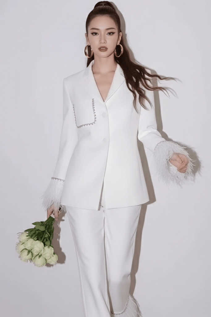 Women’s Black Satin Suit with Feathers by Luxe Lane | from Luxe Lane | SKU:  | Barcode:  | Options: White S | Women’s Black Satin Suit with Feathers