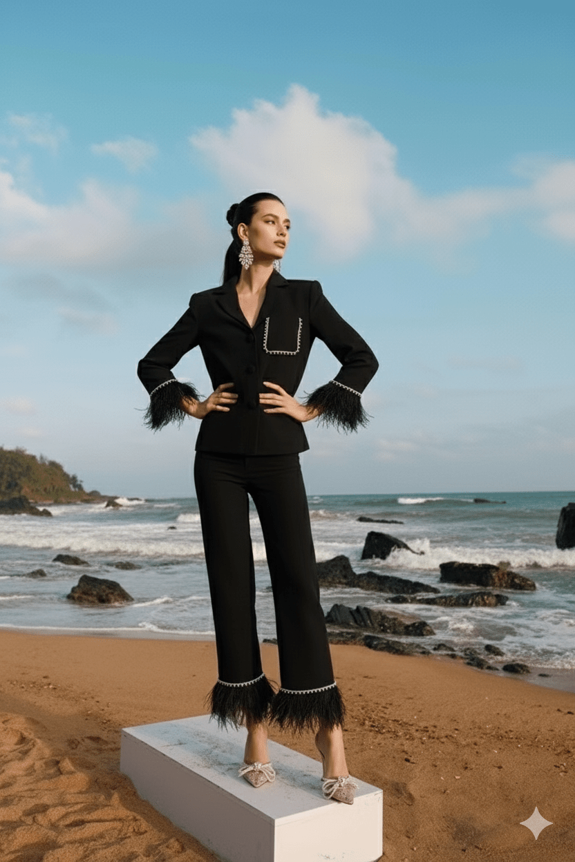 Women’s Black Satin Suit with Feathers by Luxe Lane | from Luxe Lane | SKU:  | Barcode:  | Options: White S | Women’s Black Satin Suit with Feathers