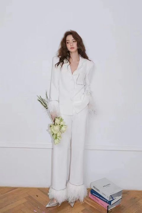 Women’s Black Satin Suit with Feathers by Luxe Lane | from Luxe Lane | SKU:  | Barcode:  | Options: White S | New Arrivals Hot Selling Women Black Suits Satin Long Pants Suit With Feathers
