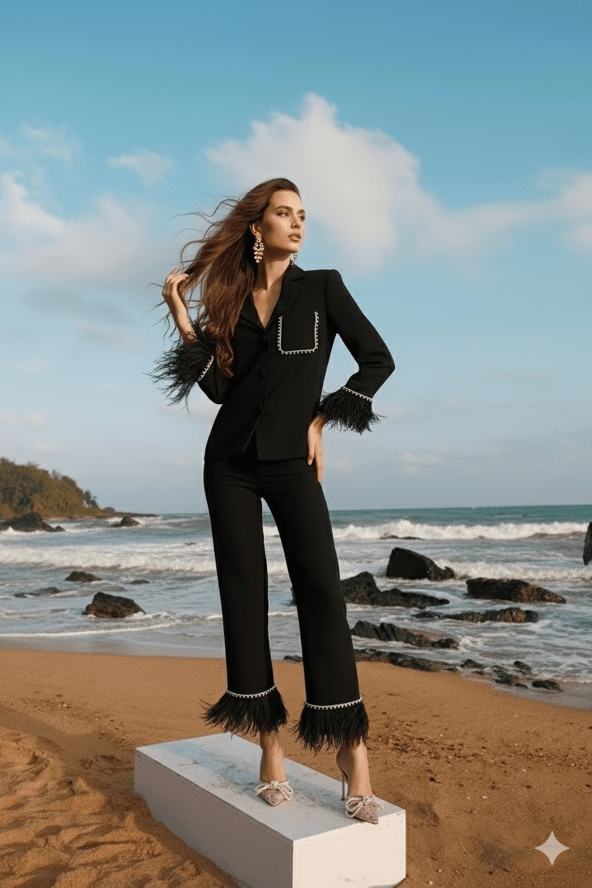 Women’s Black Satin Suit with Feathers by Luxe Lane | from Luxe Lane | SKU:  | Barcode:  | Options: White S | Women’s Black Satin Suit with Feathers